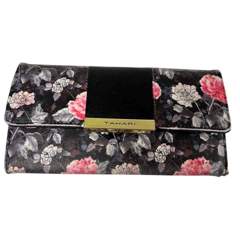 Tahari Womens Floral RFID Blocking Trifold Wallet Clutch Black Pink Gold